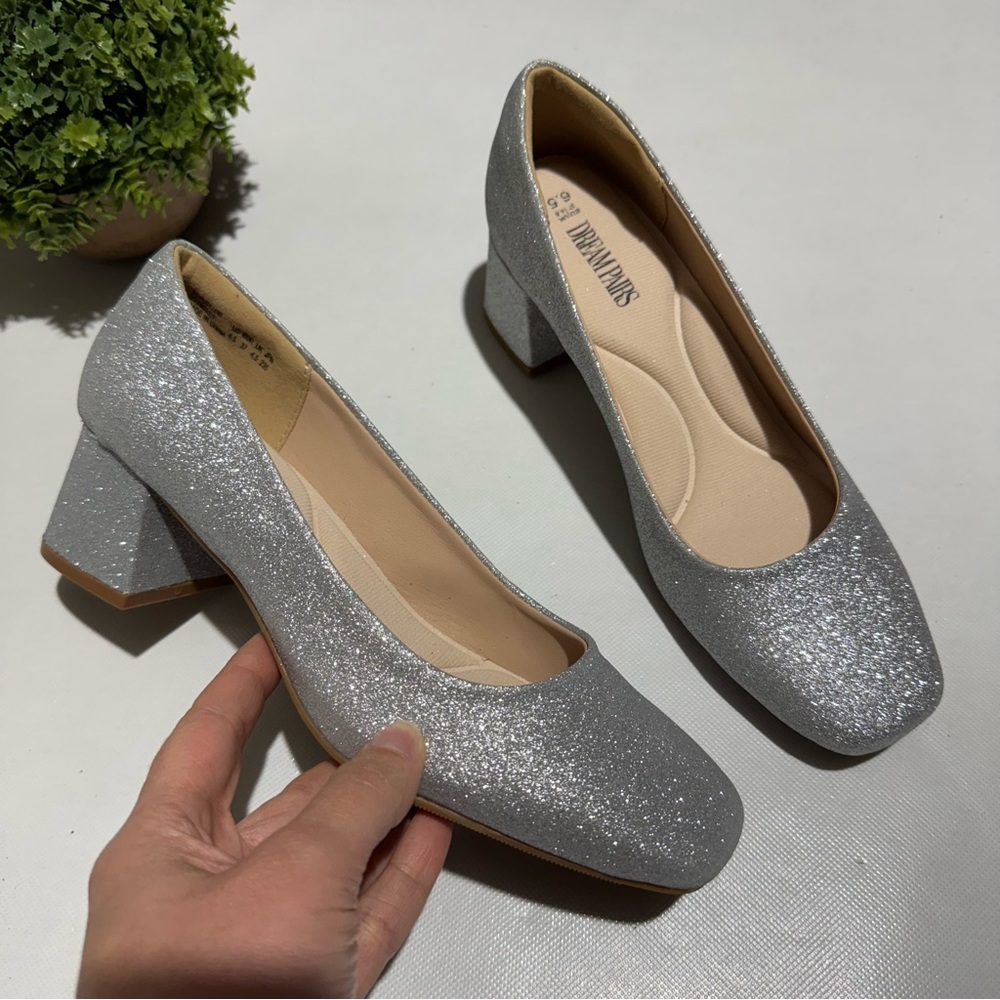 Dream Pairs Silver Glitter Sparkle Square Toe Heels Size 6.5 Formal Wedding